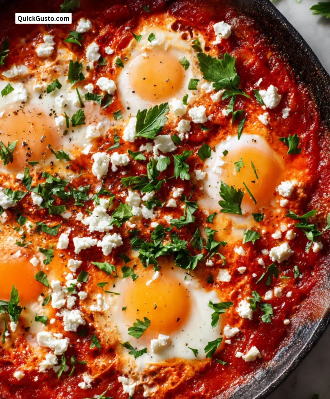 A delicious serving of Shakshuka with poached eggs and tomato sauce in a skillet.