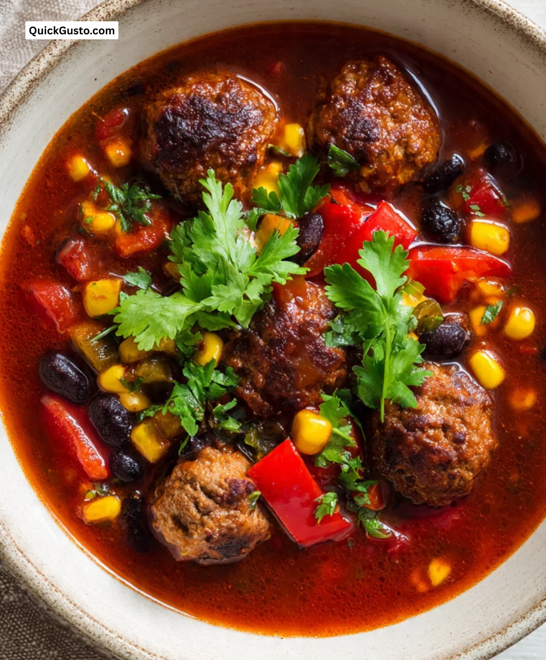 Bowl of Smoky Mexican Meatball Stew garnished with fresh herbs