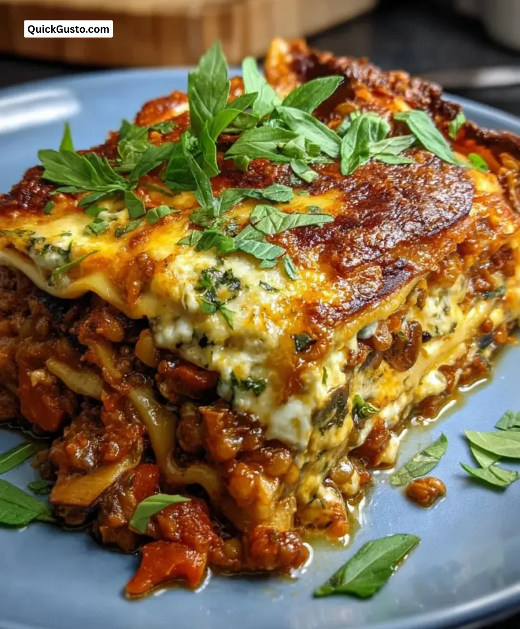 Delicious smoky veggie lentil lasagna layered with fresh vegetables and lentils.