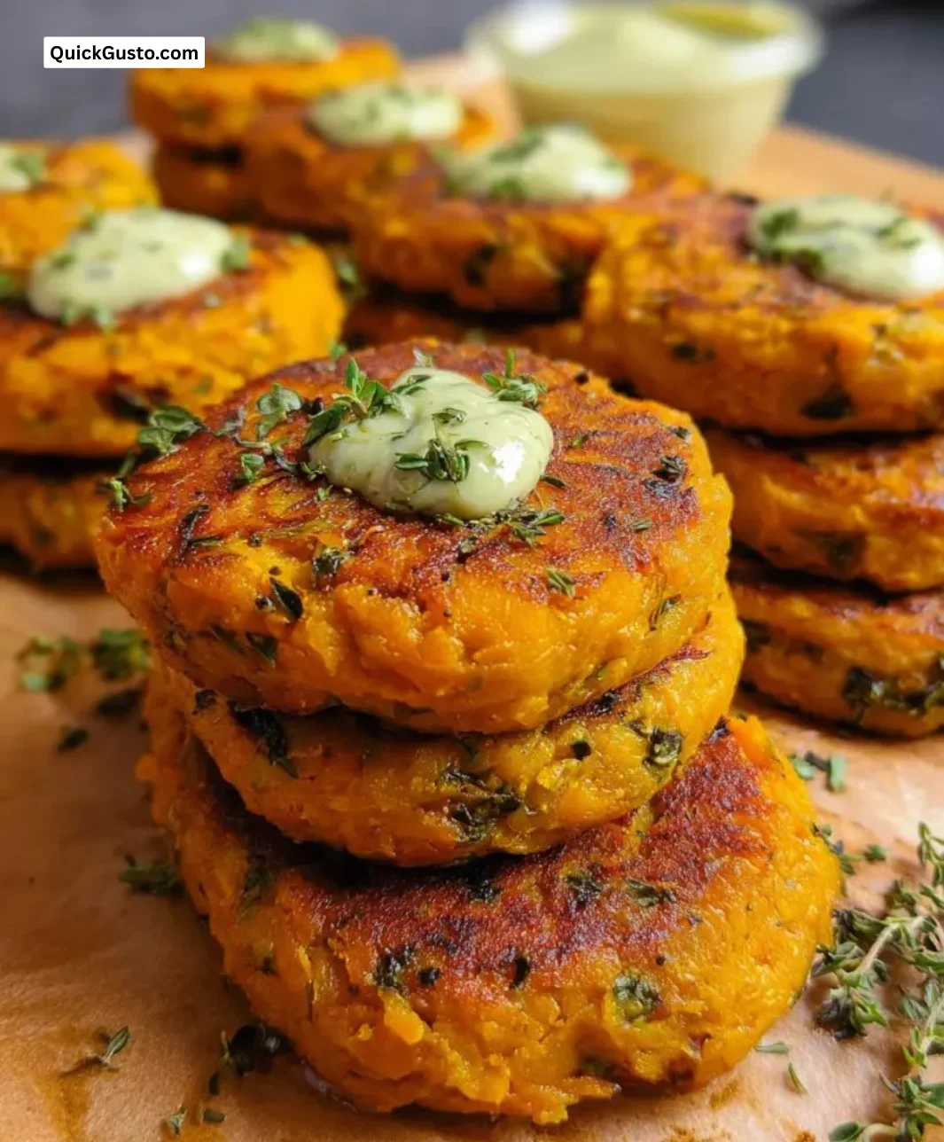 Homemade sweet potato patties served on a plate with fresh herbs