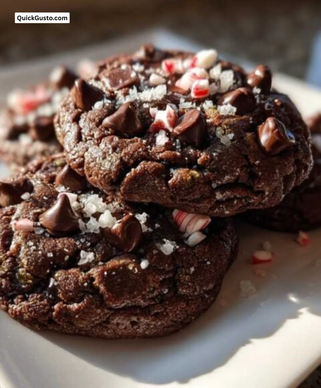 Chewy peppermint chocolate chip cookies with festive decorations