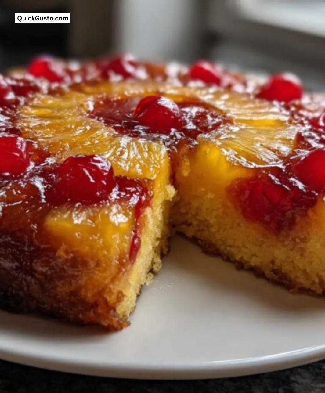 Ultimate Moist Pineapple Upside Down Cake topped with caramelized pineapple slices