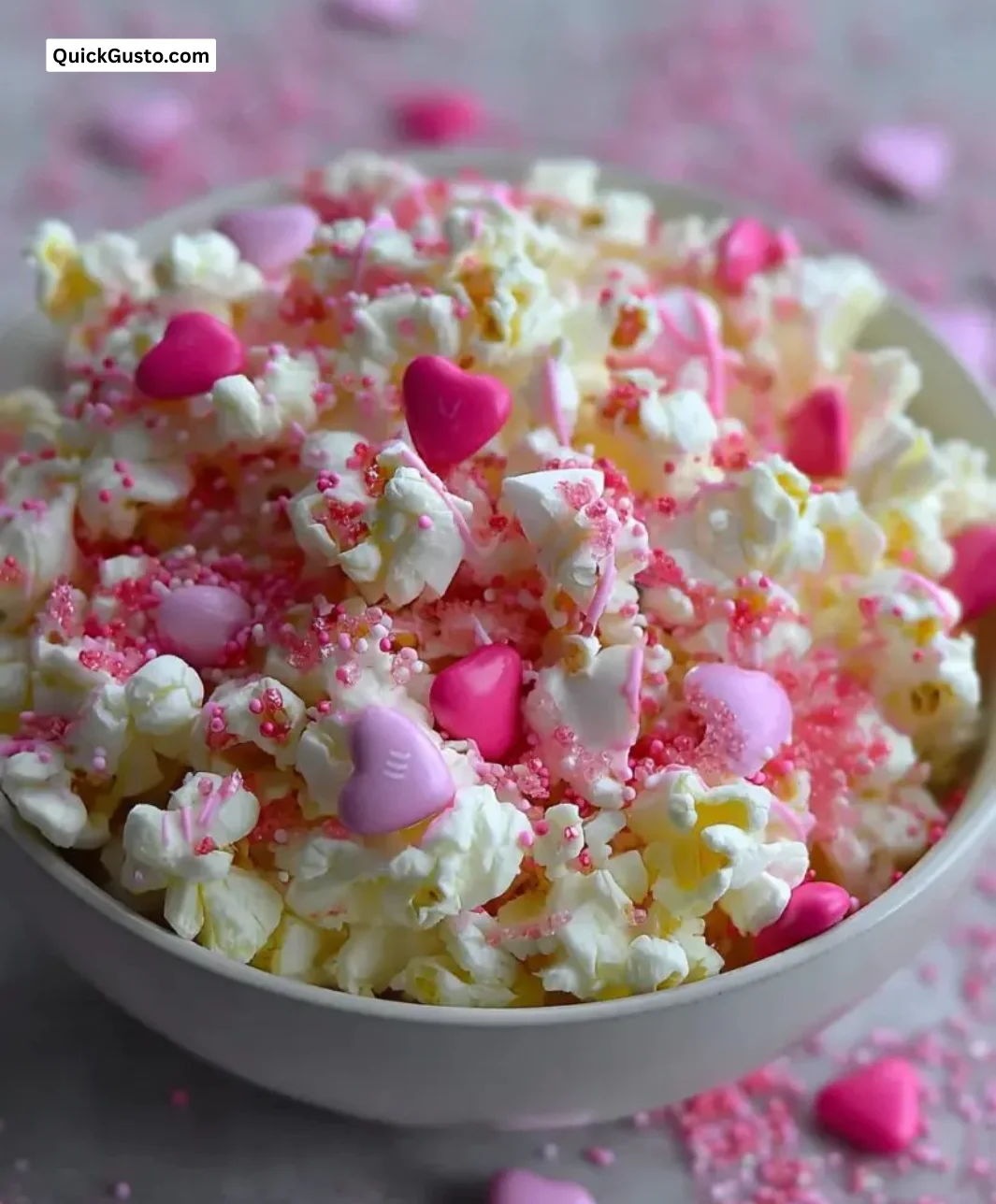 Delicious Valentine’s Day popcorn in pink and red colors with heart toppings.