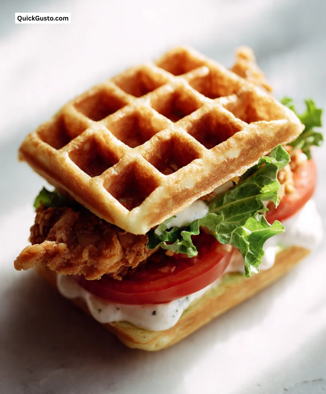 Delicious waffle chicken sandwich with crispy chicken and syrup drizzle
