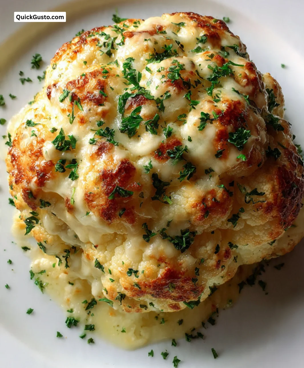 Whole baked cauliflower cheese served in a dish with a golden crust