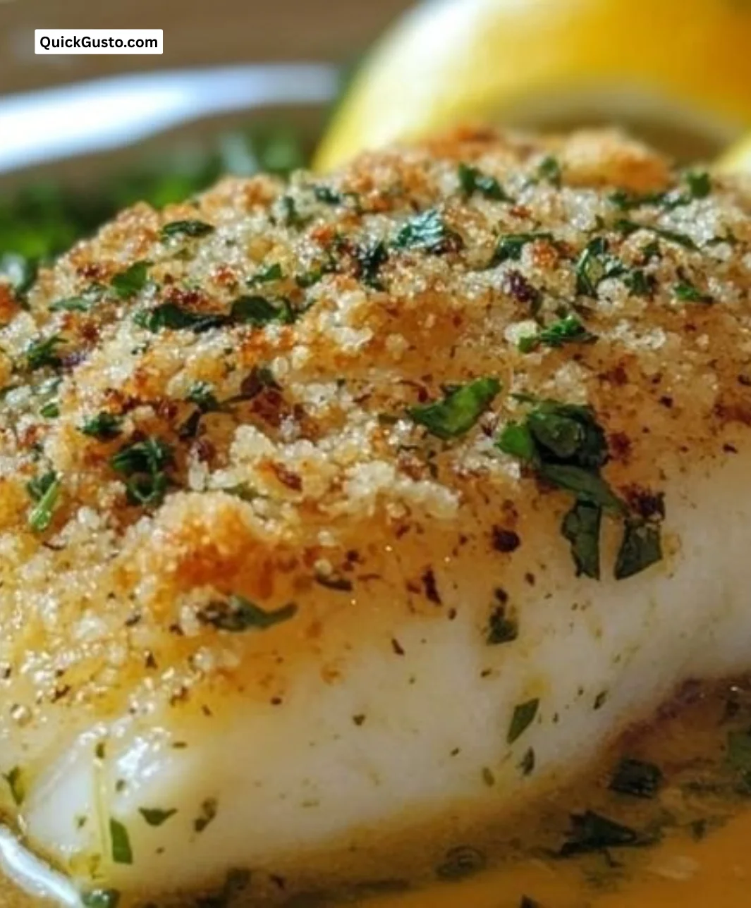 Baked herb-crusted fish fillet garnished with fresh herbs on a plate