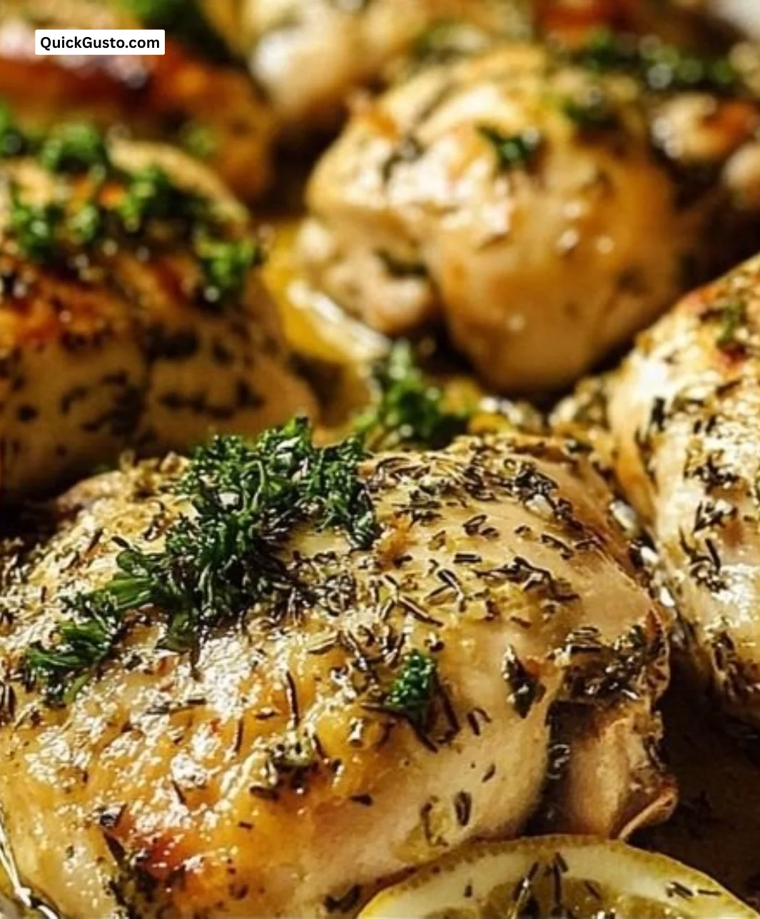 Baked lemon garlic herb chicken garnished with herbs and lemon slices