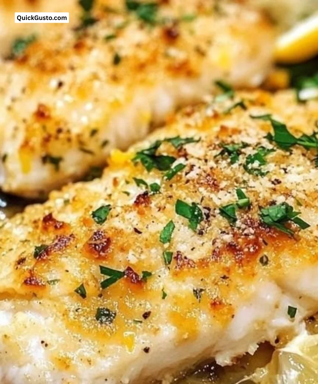 Baked Lemon Parmesan Tilapia on a white plate garnished with lemon slices.