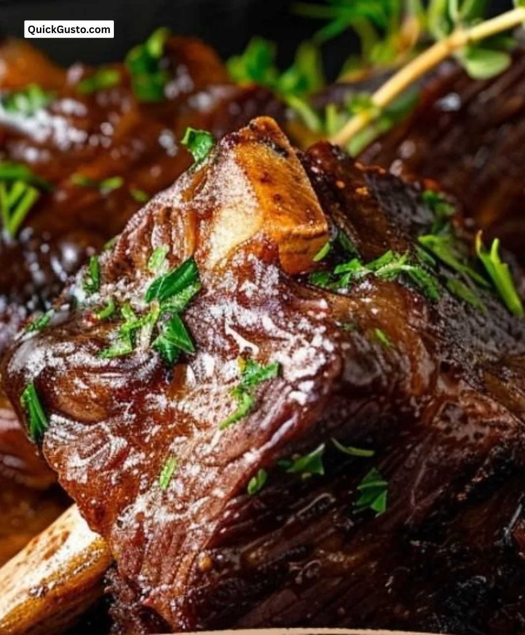 Plate of tender, slow-cooked braised short ribs served with rich sauce
