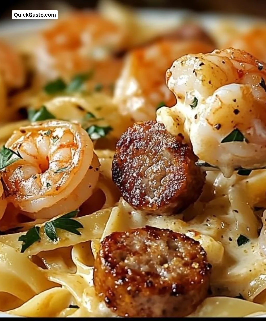 Cajun shrimp and sausage alfredo pasta dish garnished with herbs