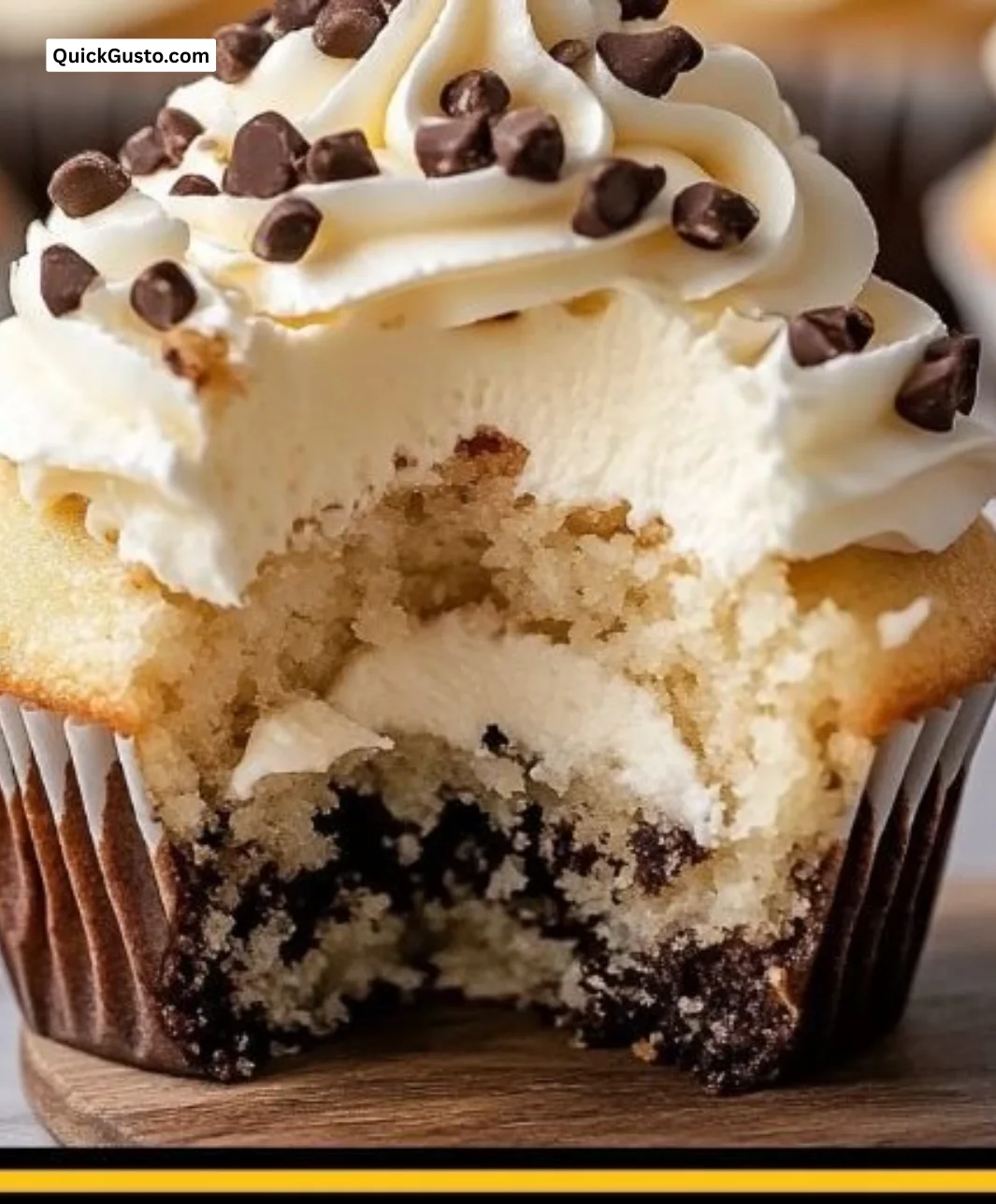 Delicious homemade cannoli cupcakes topped with creamy filling and chocolate chips