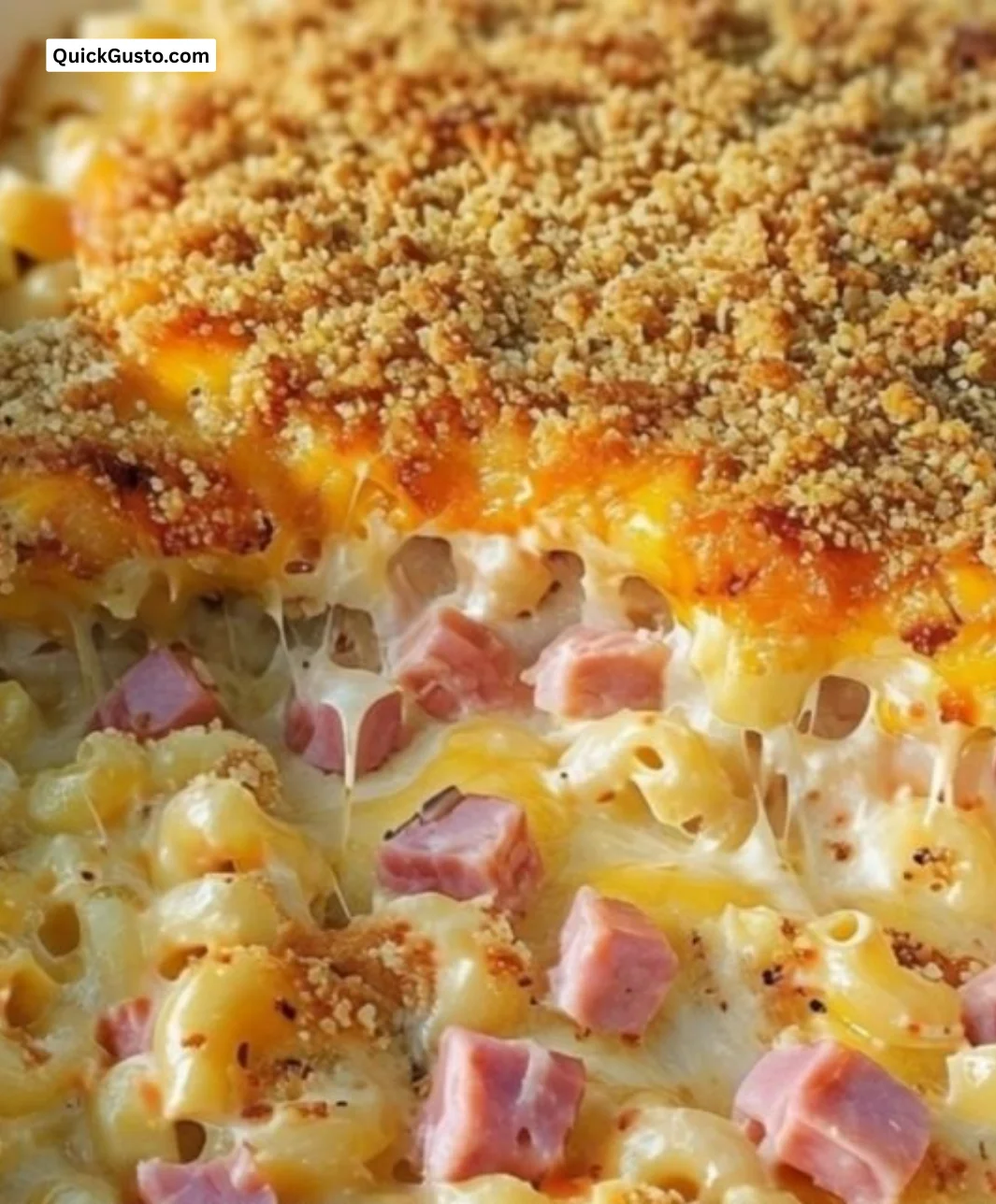 Cheddar and Ham Macaroni Bake topped with melted cheese and herbs