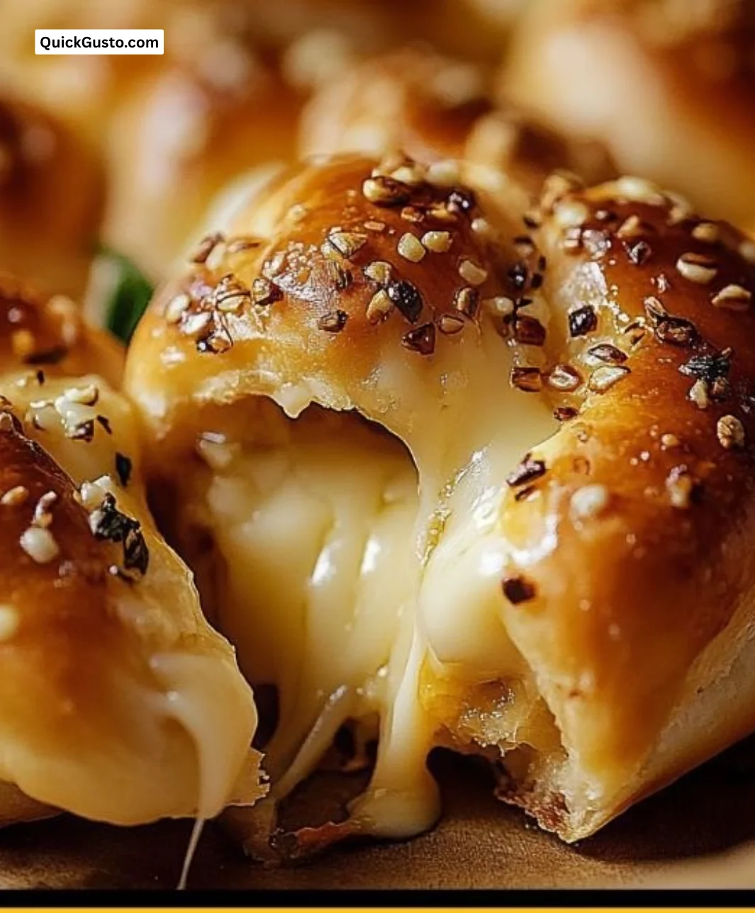 Cheese-filled garlic knots fresh out of the oven, golden and cheesy.