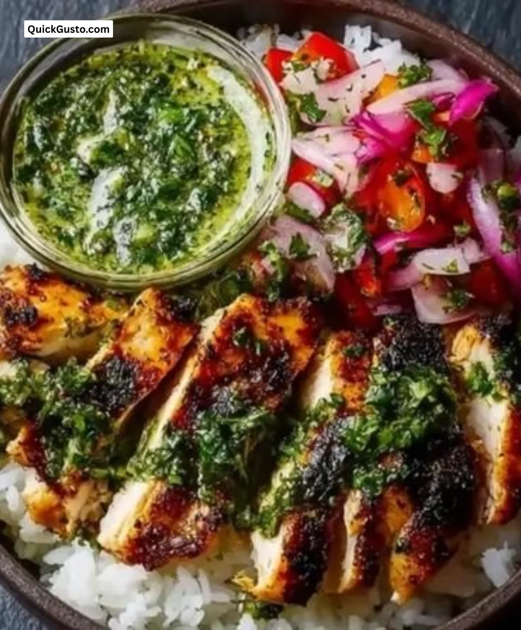 Chimichurri Grilled Chicken Bowl with vibrant greens and flavorful sauce