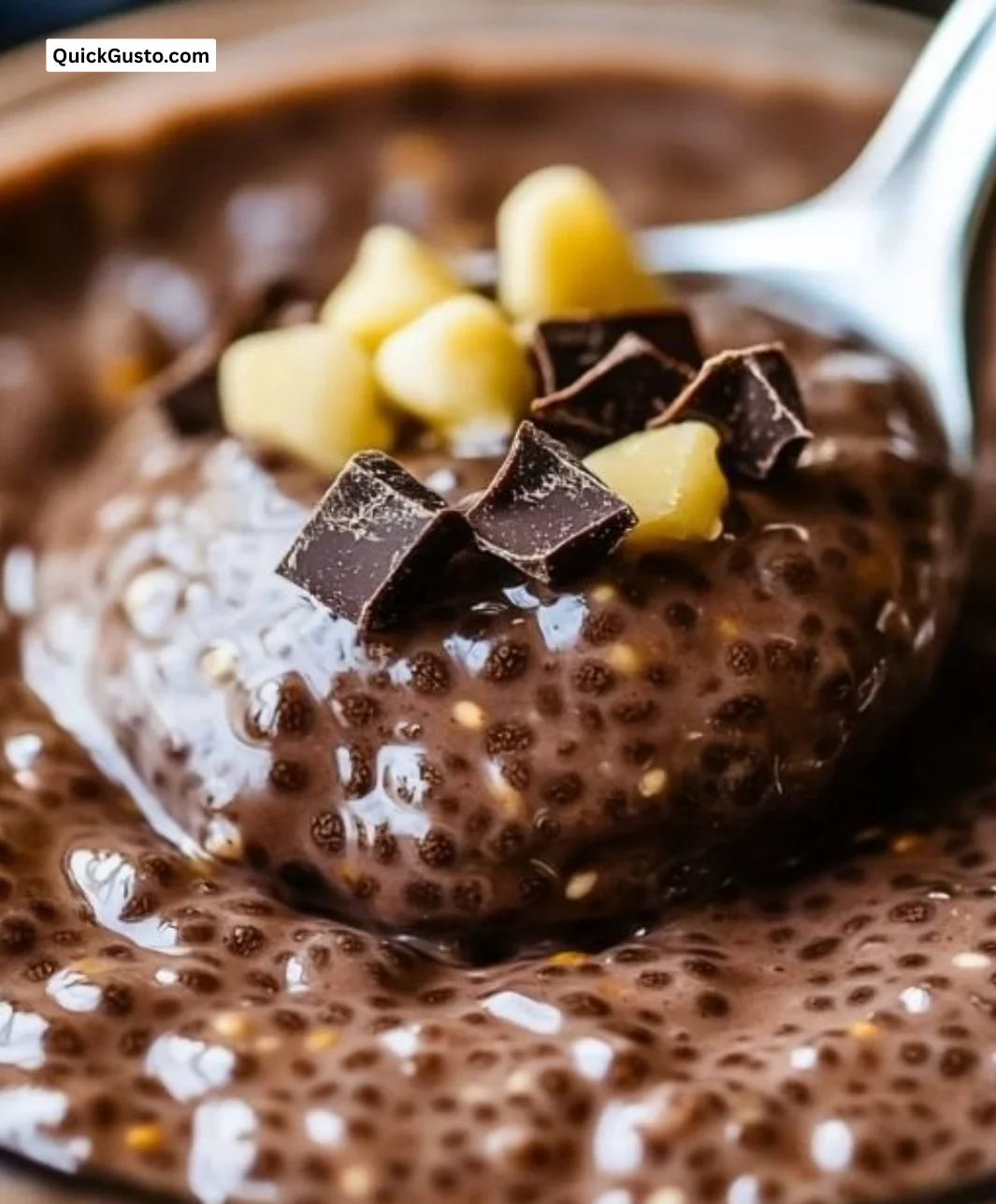Delicious chocolate chia pudding in a bowl topped with fresh fruit