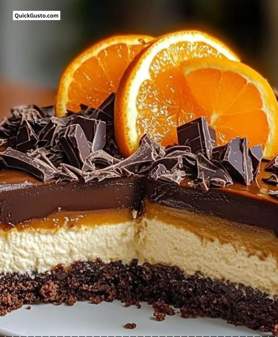 Delicious homemade chocolate orange cheesecake topped with chocolate shavings and orange slices.