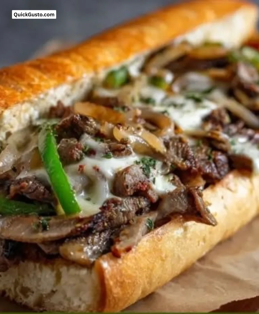 Delicious Classic Philly Cheesesteak piled with beef, onions, and cheese on a roll.