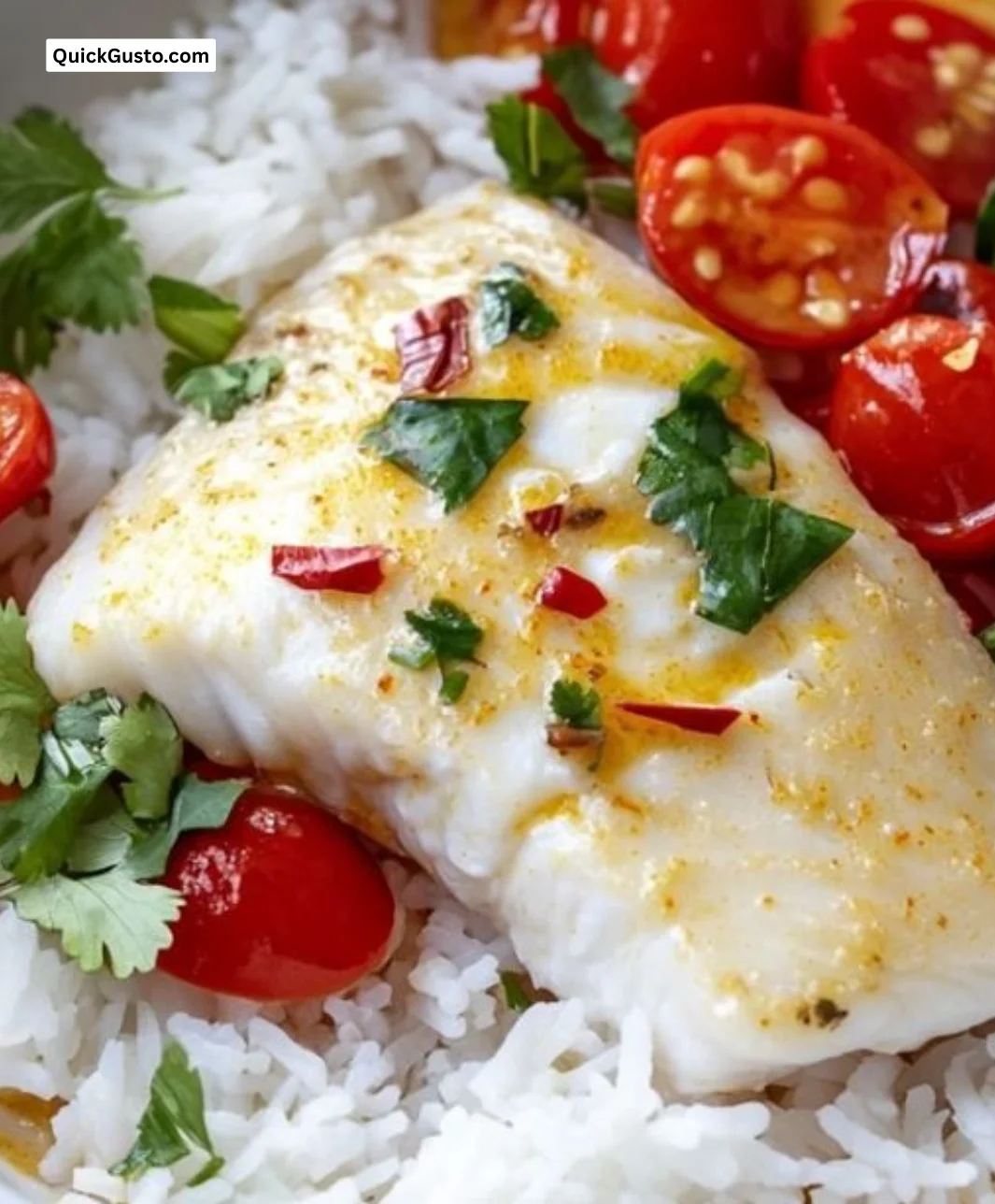 Coconut lime fish curry served with jasmine rice on a plate.
