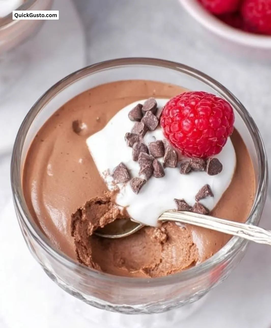 Delicious cottage cheese chocolate mousse in a bowl topped with chocolate shavings