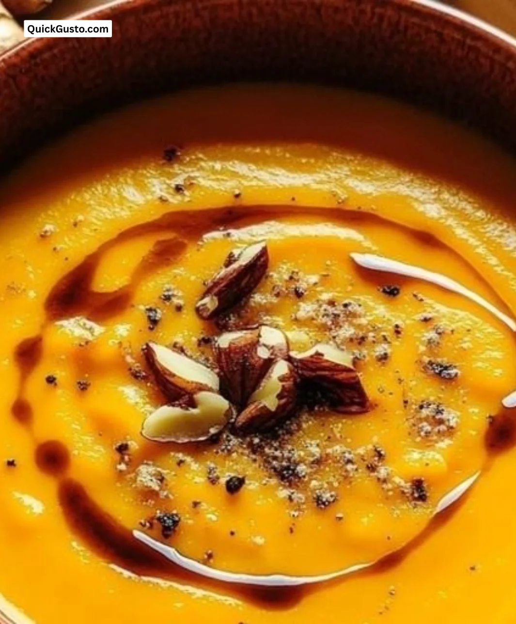 Bowl of creamy carrot ginger soup garnished with herbs and spices
