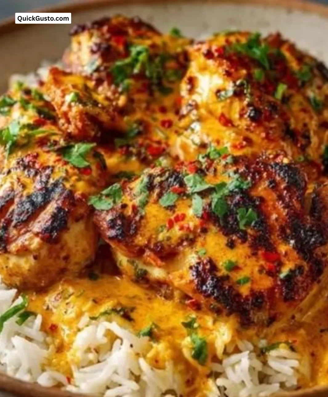 Creamy peri-peri chicken dish served with rice on a plate