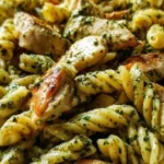 Creamy pesto chicken pasta garnished with basil and parmesan cheese