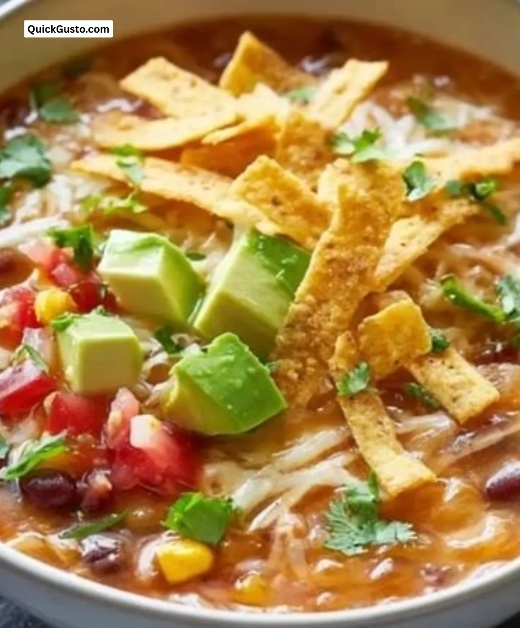 Bowl of creamy vegetarian tortilla soup topped with tortilla chips and cilantro