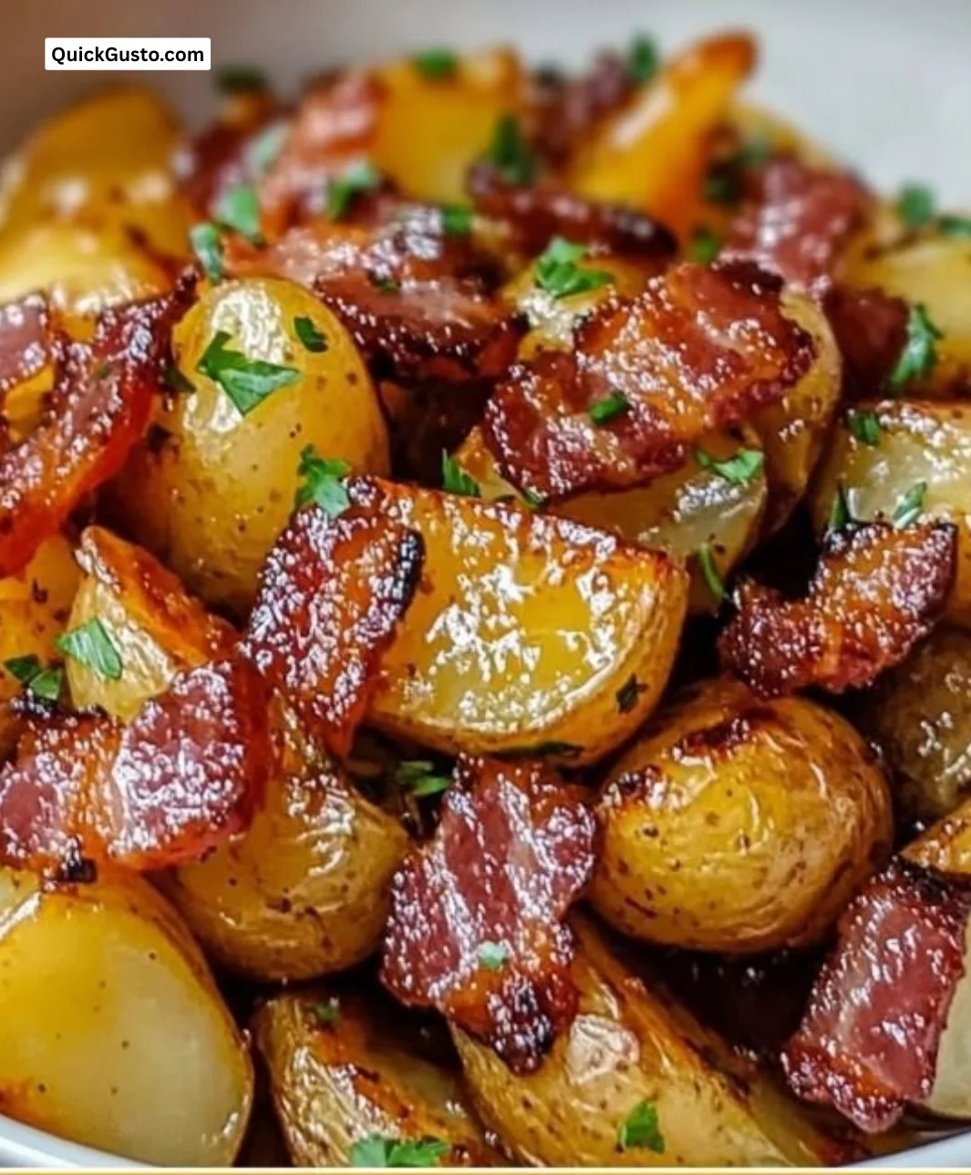 Crispy bacon honey roasted potatoes on a serving platter