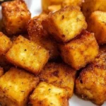 Crispy baked tofu cubes served on a plate with vegetables