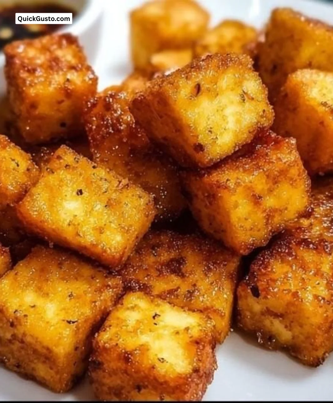 Crispy baked tofu cubes served on a plate with vegetables