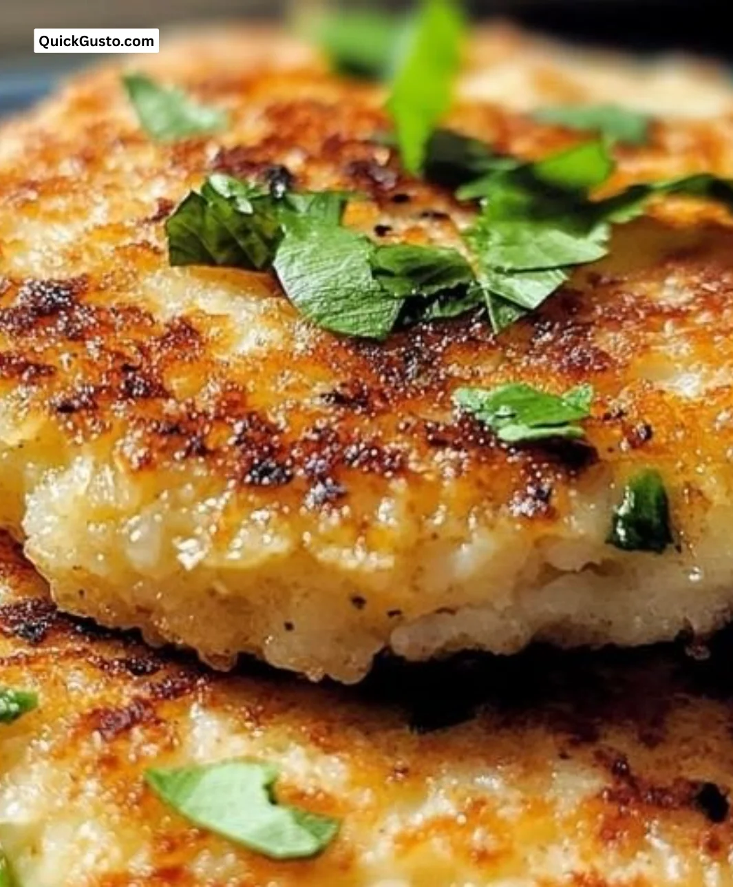 Plate of crispy egg and rice patties garnished with herbs and spices