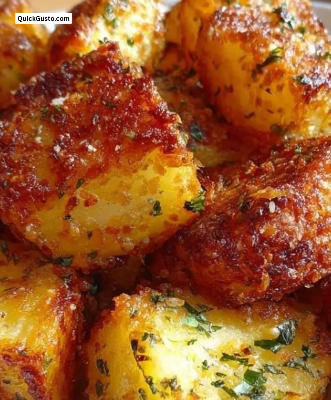 Crispy Parmesan Potatoes garnished with herbs on a plate.