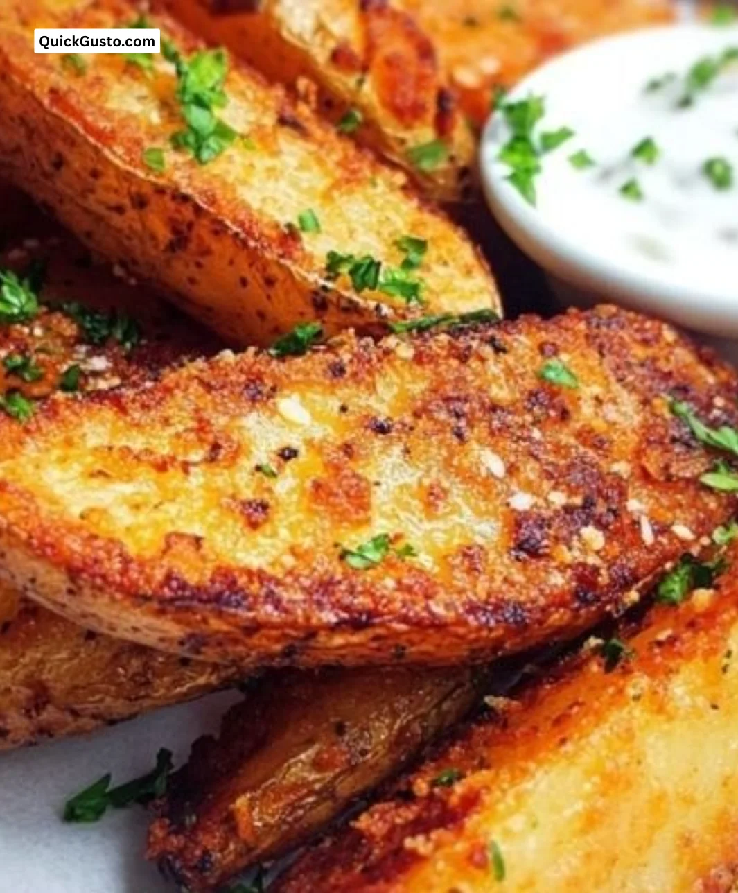 A plate of homemade crispy potato wedges seasoned and ready to serve