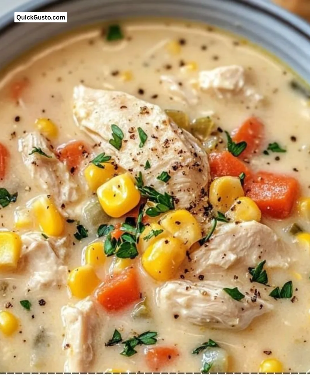 Delicious bowl of Crockpot Chicken Corn Chowder topped with herbs.