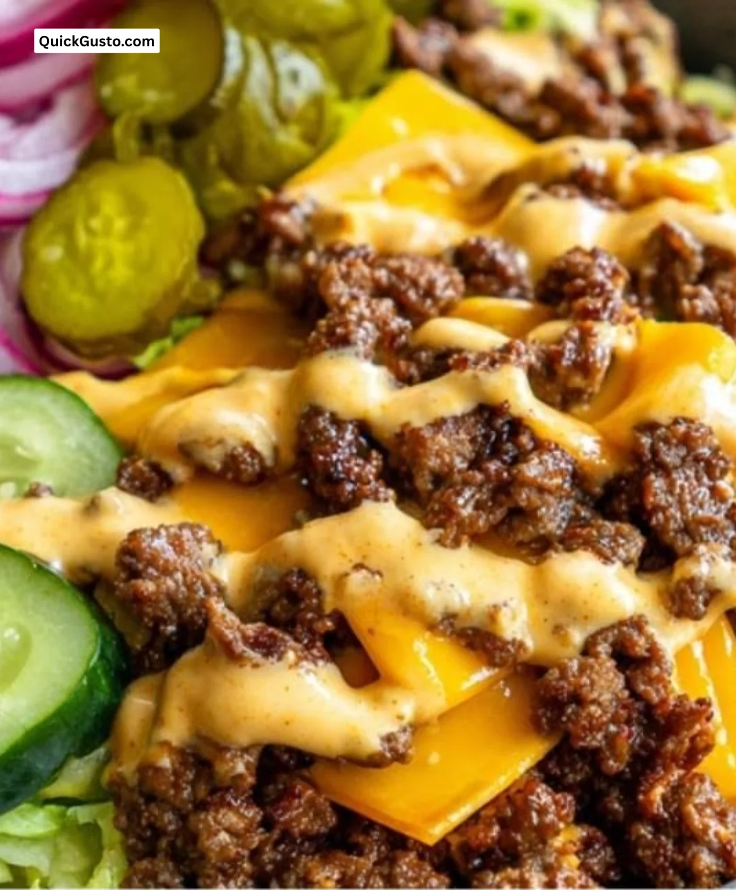 Deconstructed cheeseburger bowl with fresh ingredients and vibrant toppings
