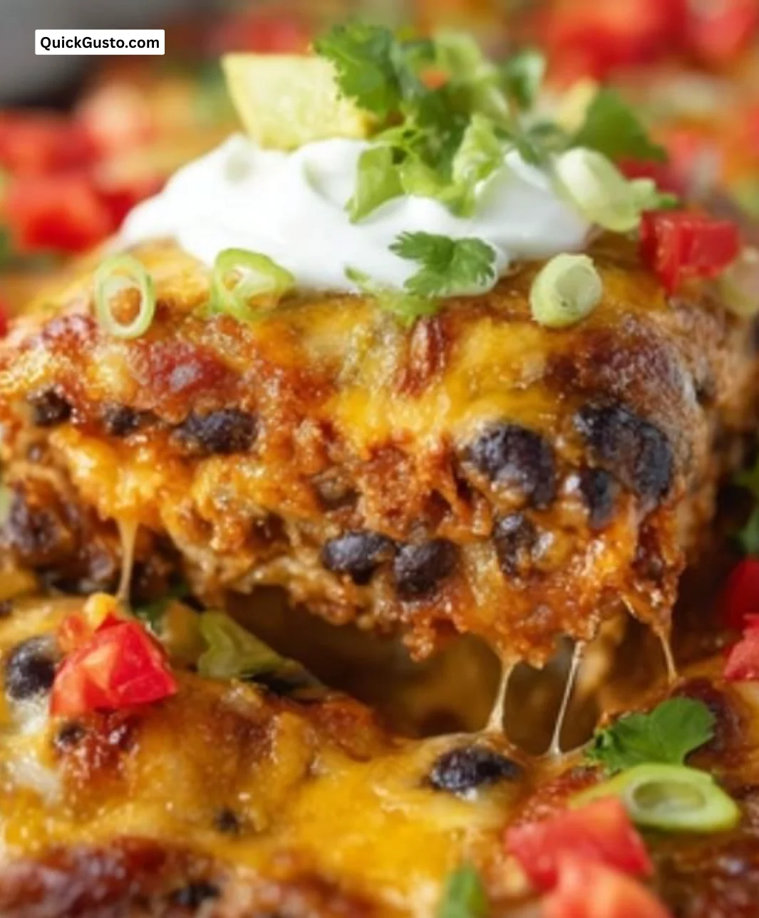 Deep Dish Black Bean Enchilada Casserole with layers of beans and cheese