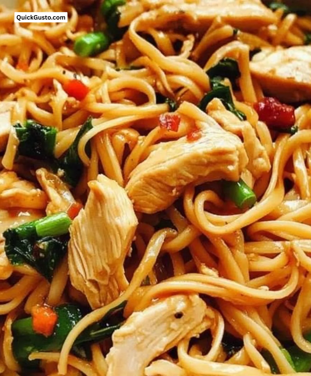 Easy chicken stir-fry noodles with colorful vegetables in a bowl