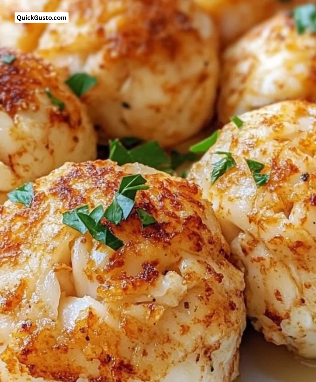 Delicious famous crab bombs served on a plate garnished with fresh herbs.