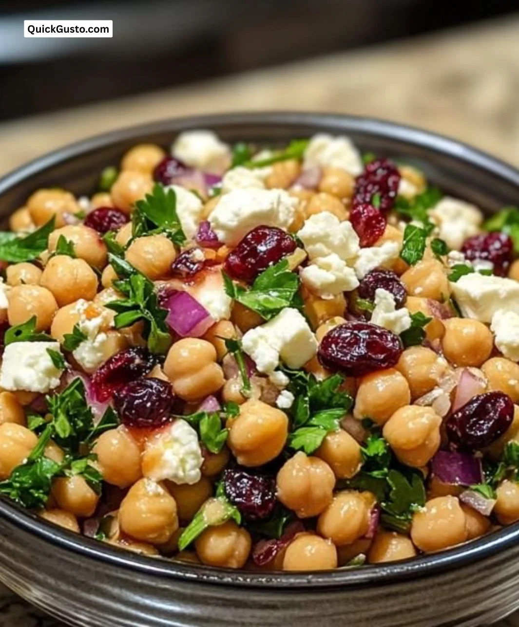 Feta and Cranberry Chickpea Salad with Lemon Vinaigrette in a bowl