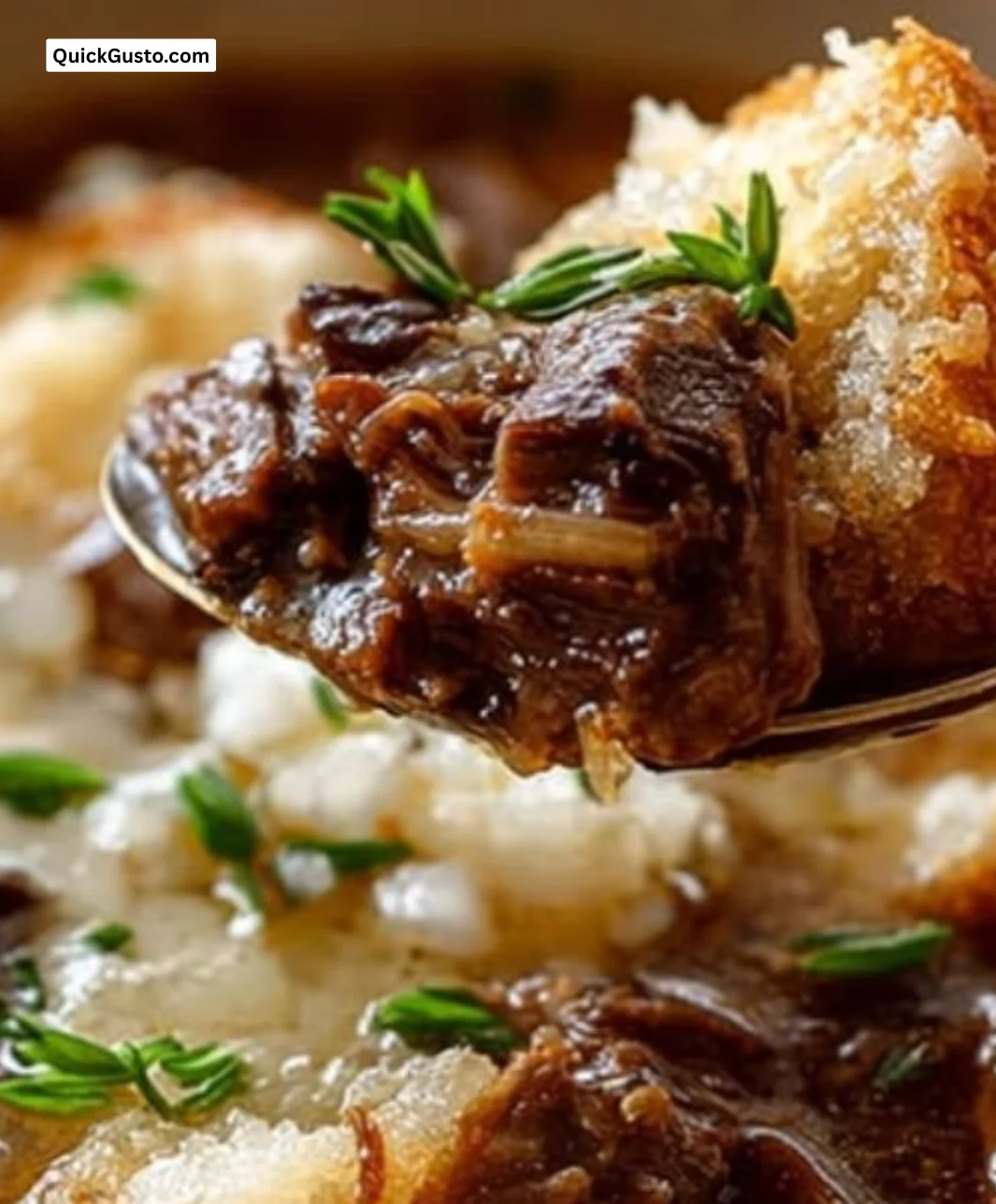 Bowl of French Onion Beef Short Rib Soup garnished with herbs and melted cheese
