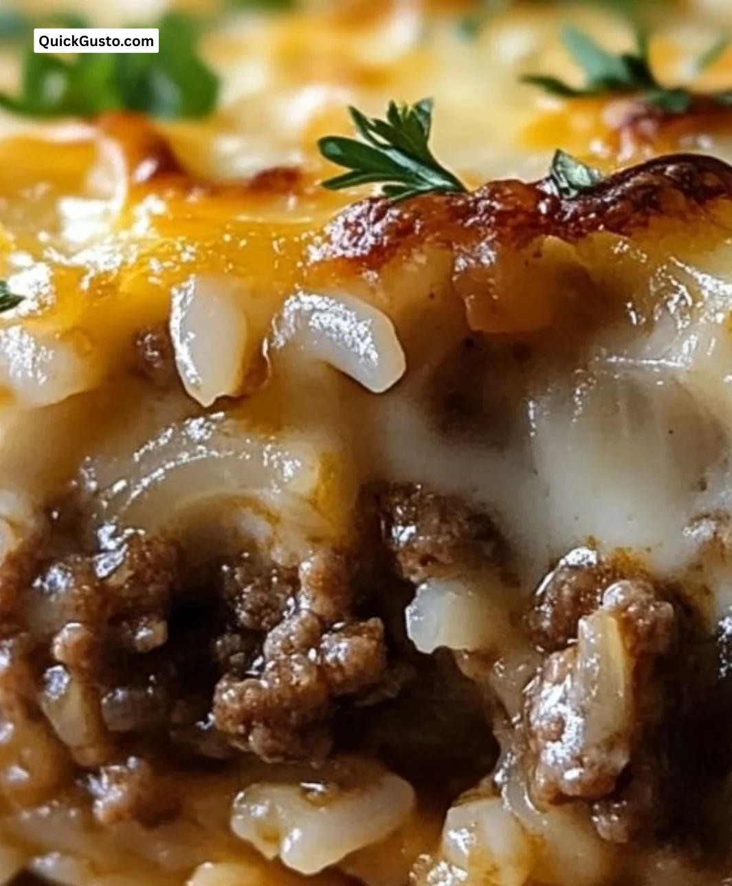 Delicious French Onion Ground Beef and Rice Casserole baking in a dish.