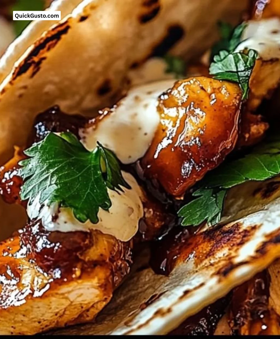Garlic Butter Honey BBQ Chicken Tacos served with fresh toppings