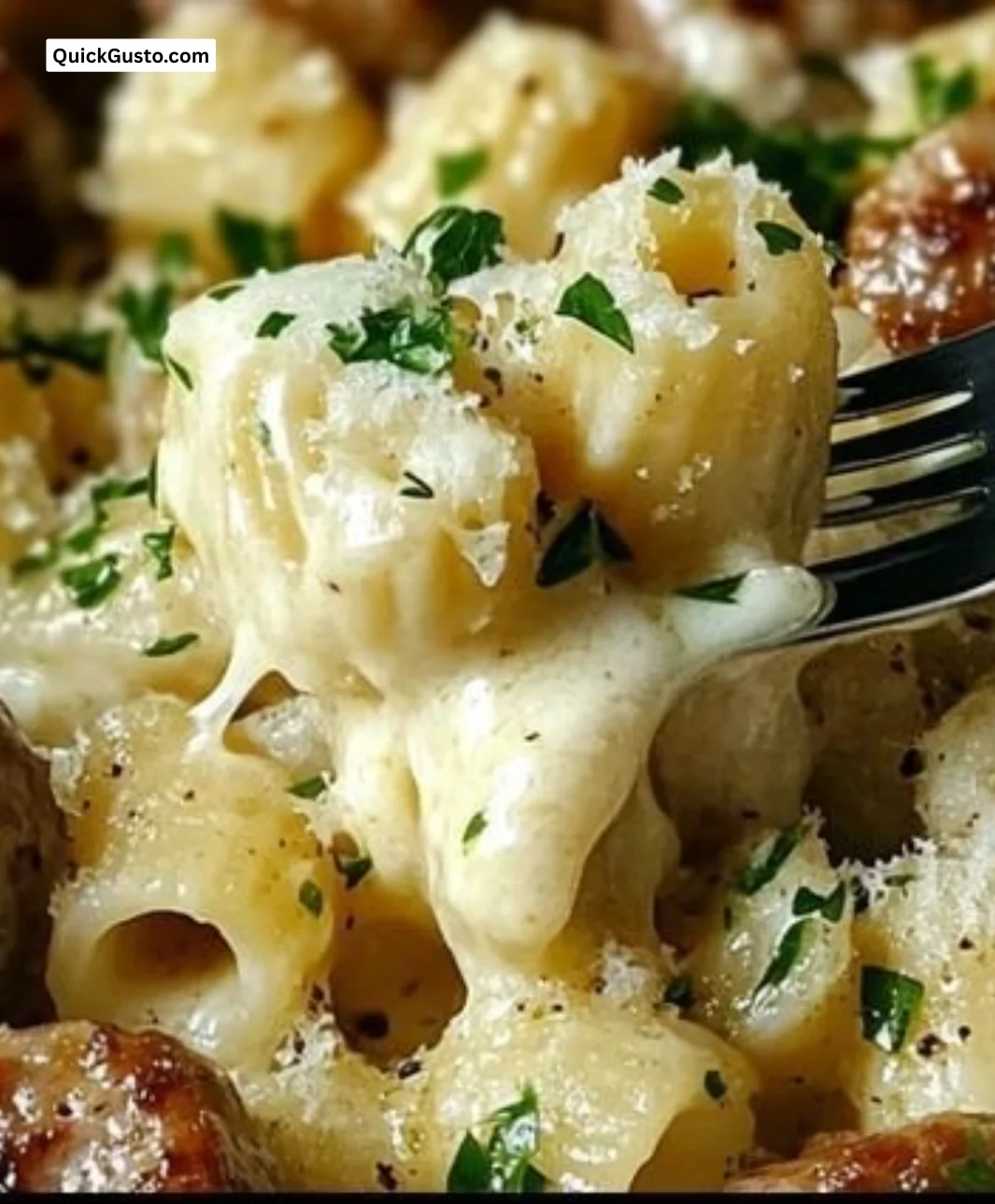 Delicious garlic butter sausage bites served with creamy Parmesan pasta