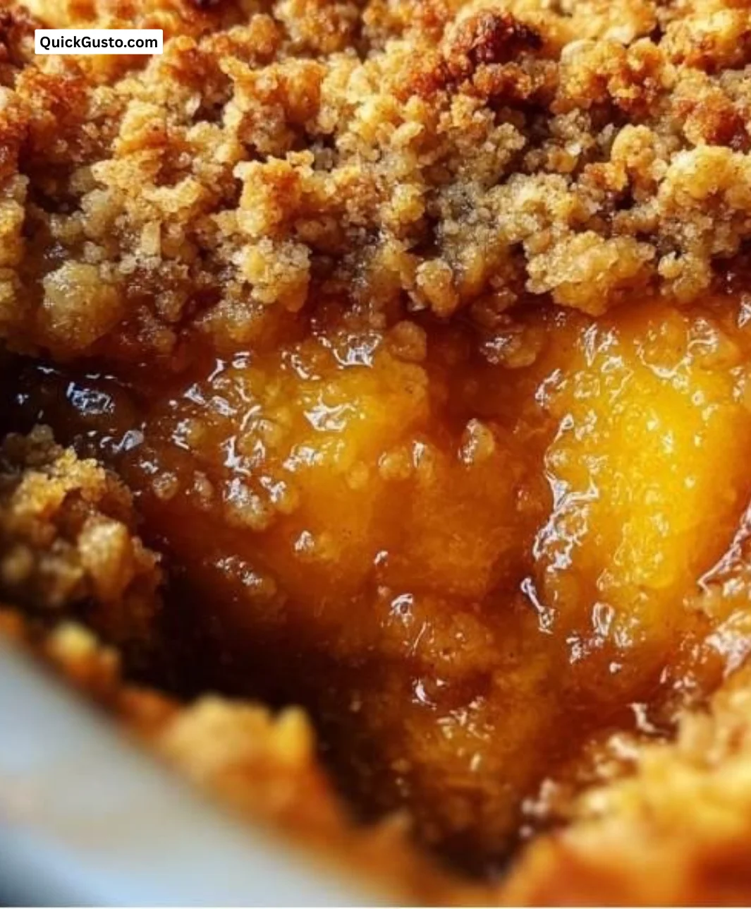 Gluten-free peach crisp with almond crunch served in a bowl