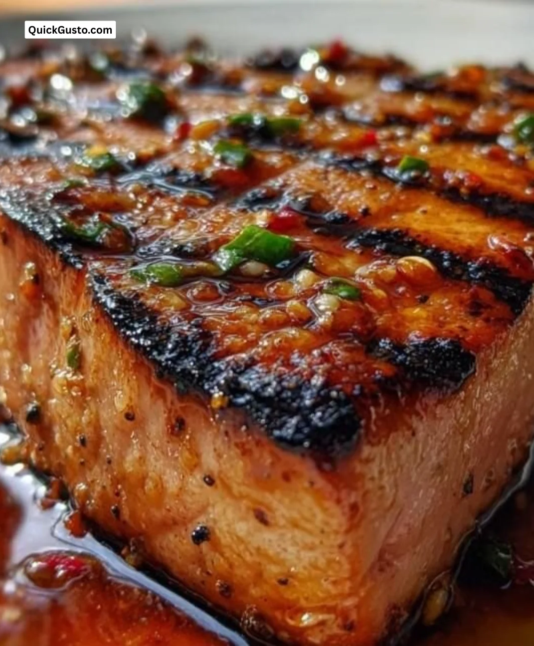 Grilled soy-ginger tuna steak garnished with herbs and lime
