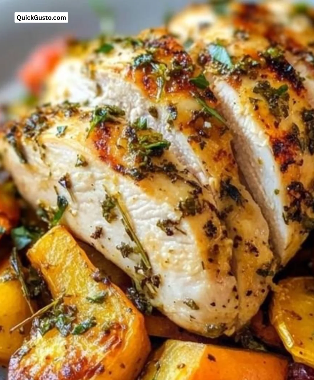 Herb-Roasted Chicken with fresh vegetables served on a platter