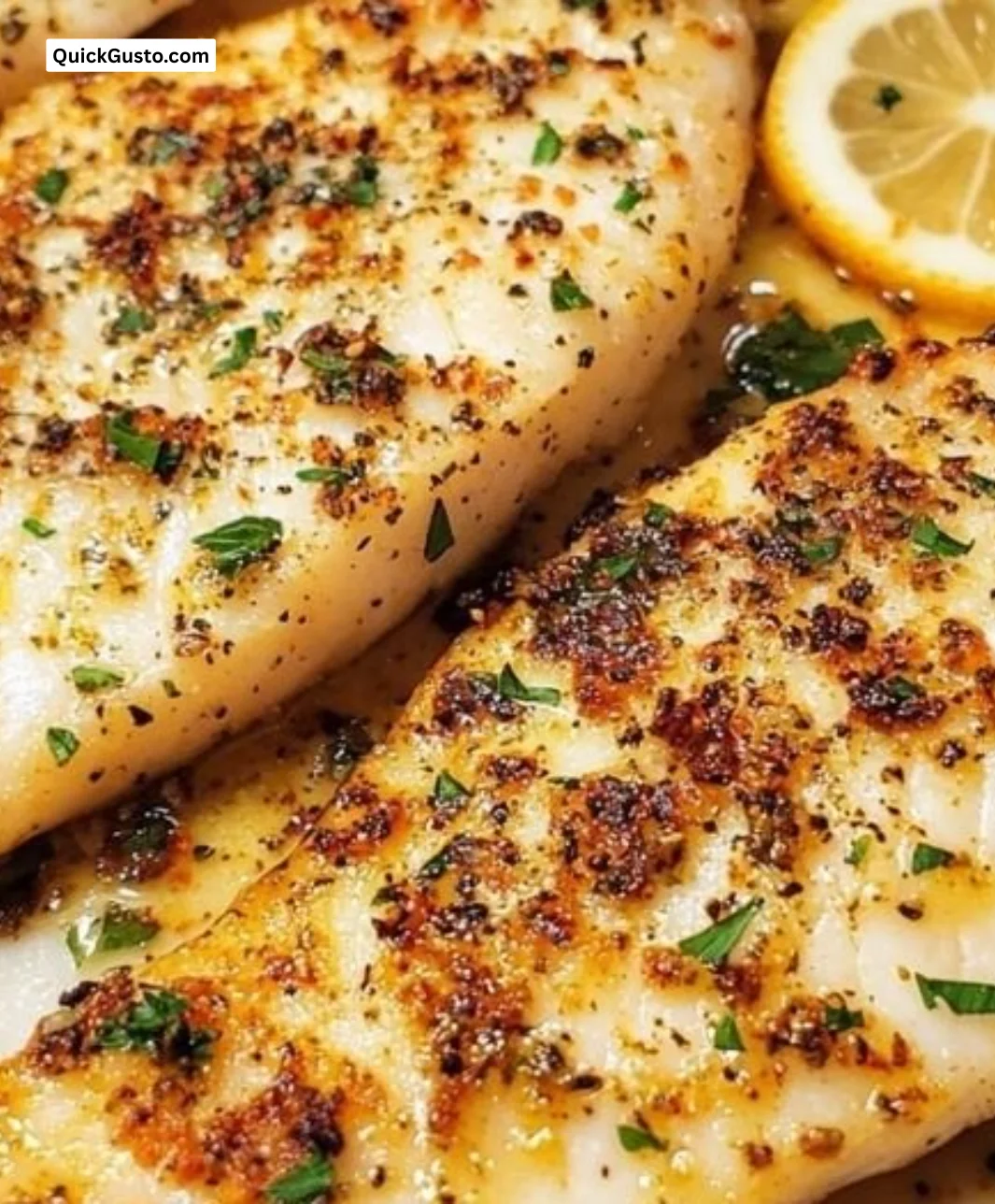 Herb-seasoned baked tilapia on a plate with lemon and herbs