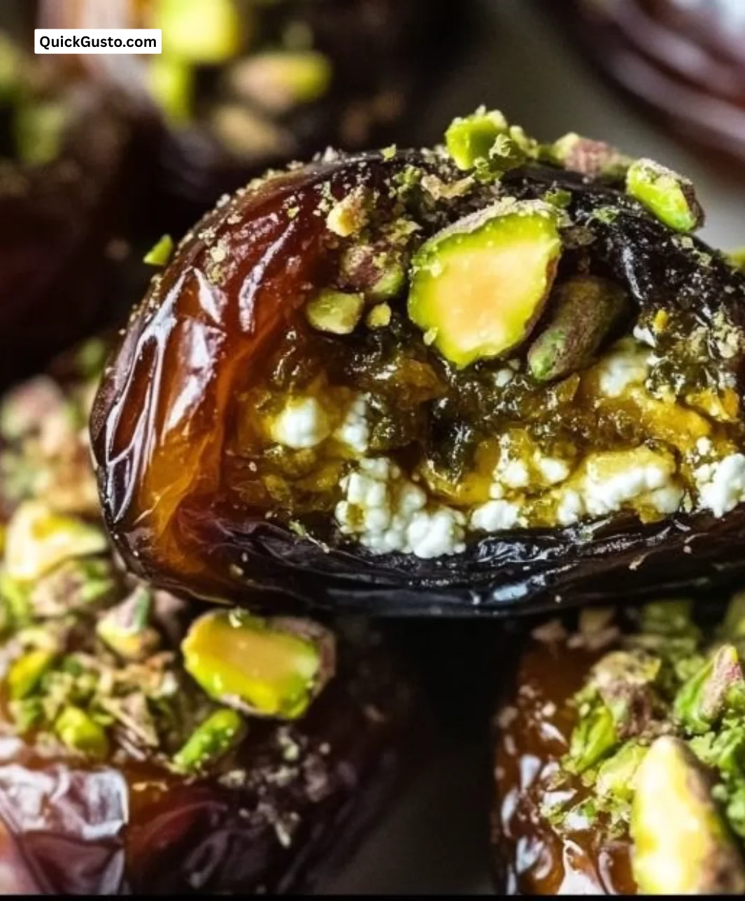 Honey pistachio ricotta stuffed dates on a wooden platter