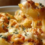 Garlic butter lobster filled jumbo pasta shells served on a plate