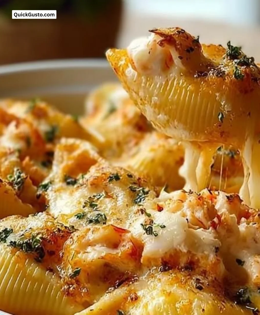 Garlic butter lobster filled jumbo pasta shells served on a plate